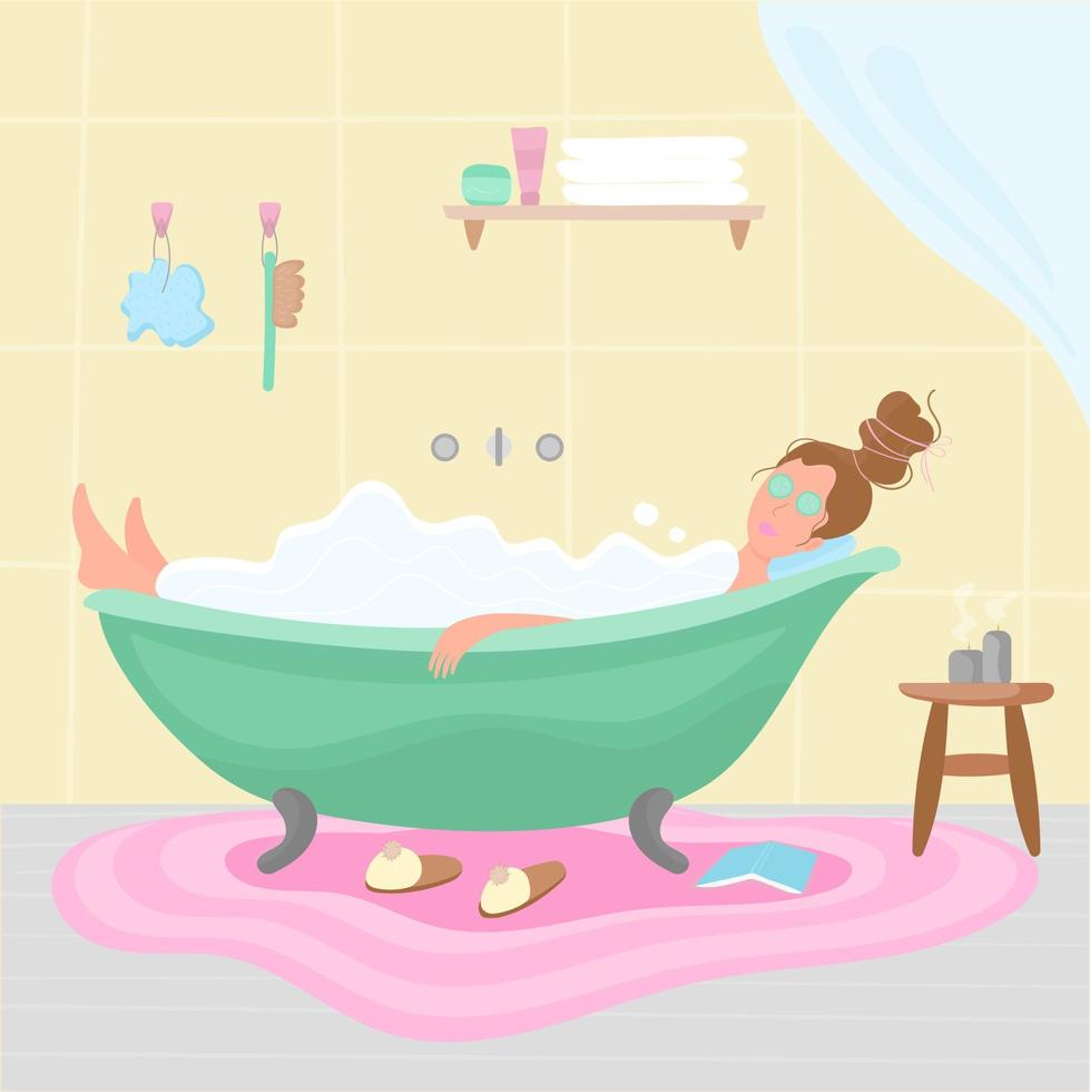 ilustración de dibujos animados vectoriales mujer en el baño tomando un baño espumoso con libro y máscara con pepinos. sobre fondo blanco aislado. vector