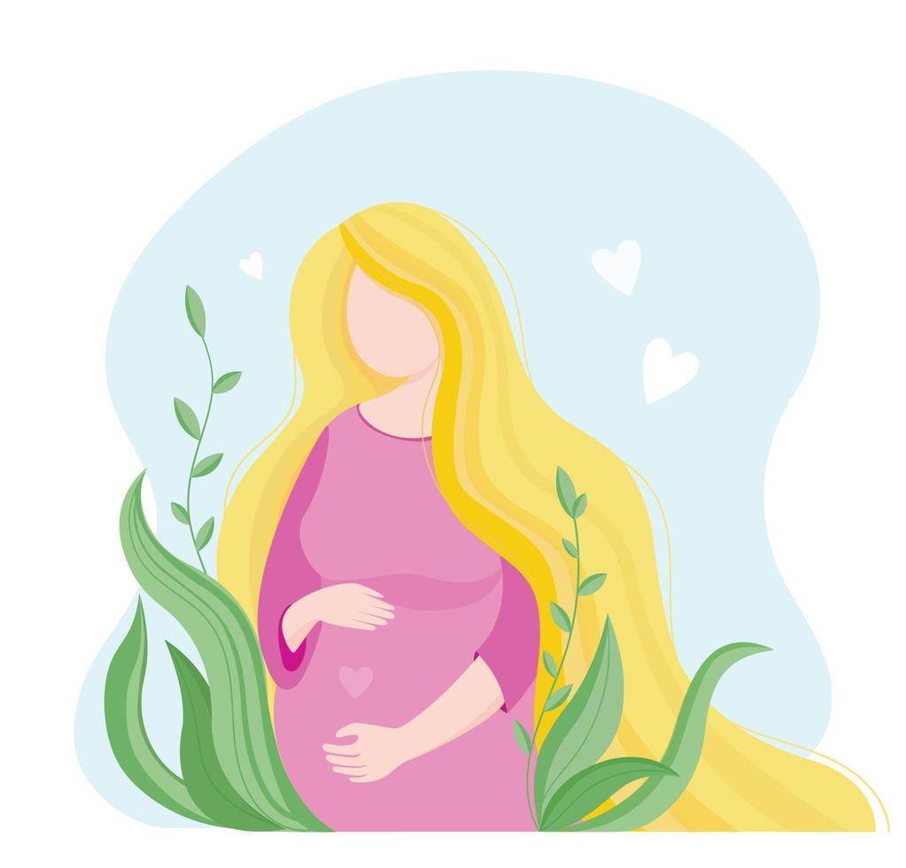 mujer feliz embarazada con un bebé en su vientre, vegetación alrededor, personaje de dibujos animados, bella dama con amor a su maternidad. cartel en el hospital, casa de maternidad, centro de maternidad, tarjeta del día de la madre vector