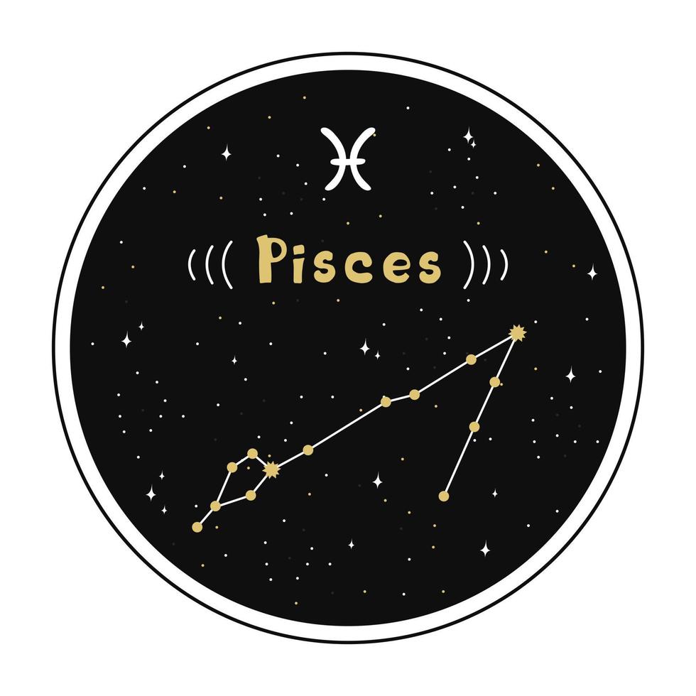 Pisces. Zodiac Sign And Constellation In A Circle. Set Of Zodiac Signs In Doodle Style, Hand Drawn. vector