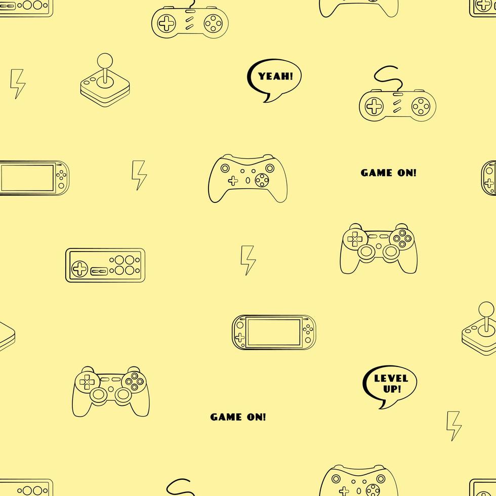 Cute Seamless Outline Pattern In Pixel Game Style. Colorful Gamer Template With Gamepads vector