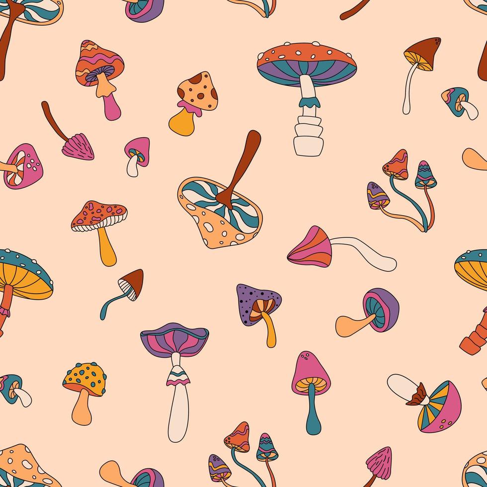 Colorful Seamless Pattern With Mushrooms In Retro Colors. Flat Vector llustration.