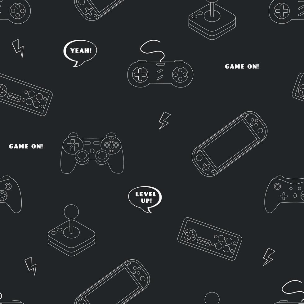 Cute Seamless Outline Pattern In Pixel Game Style. Colorful Gamer Template With Gamepads vector