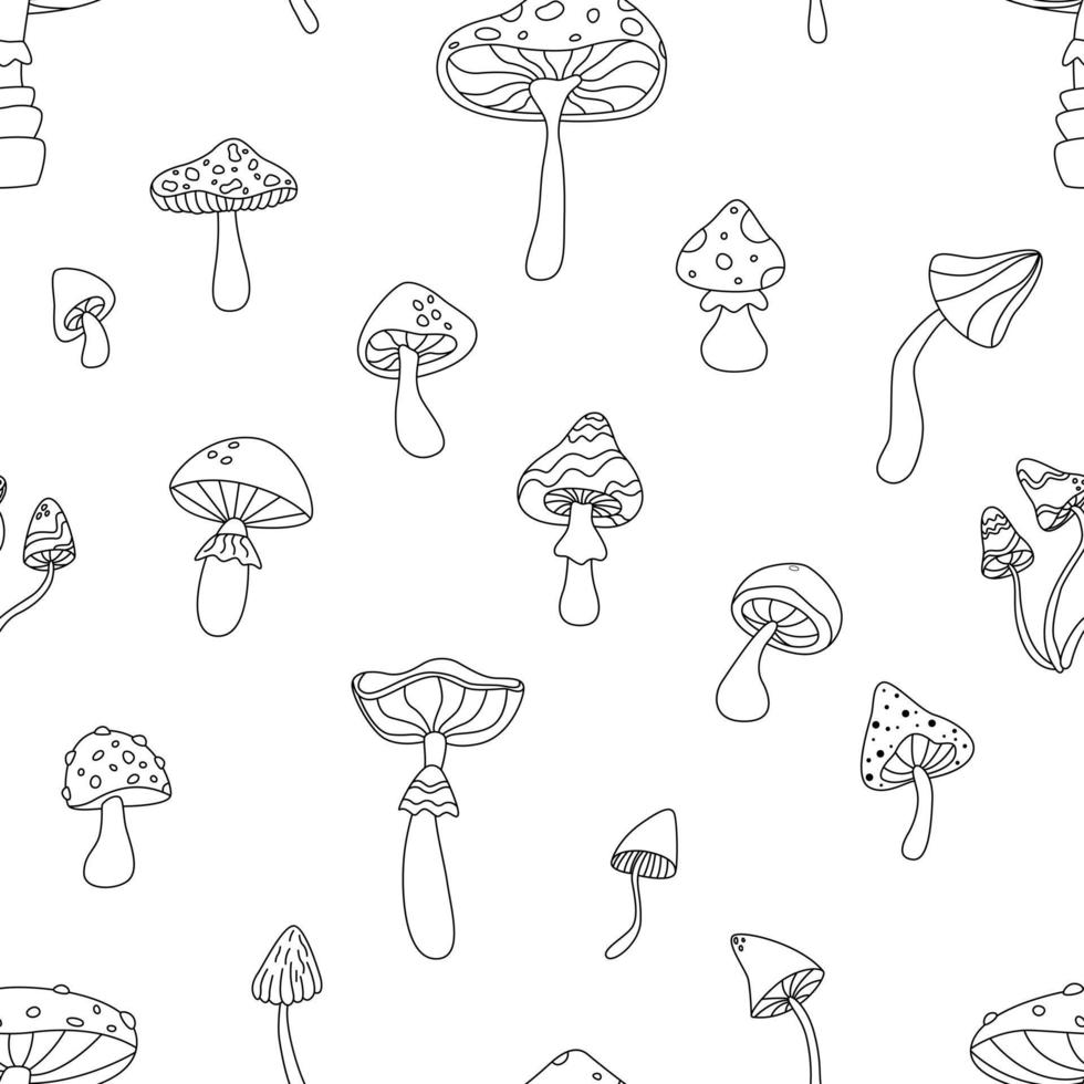 Outline Seamless Pattern With Mushrooms. Flat Vector Illustration.