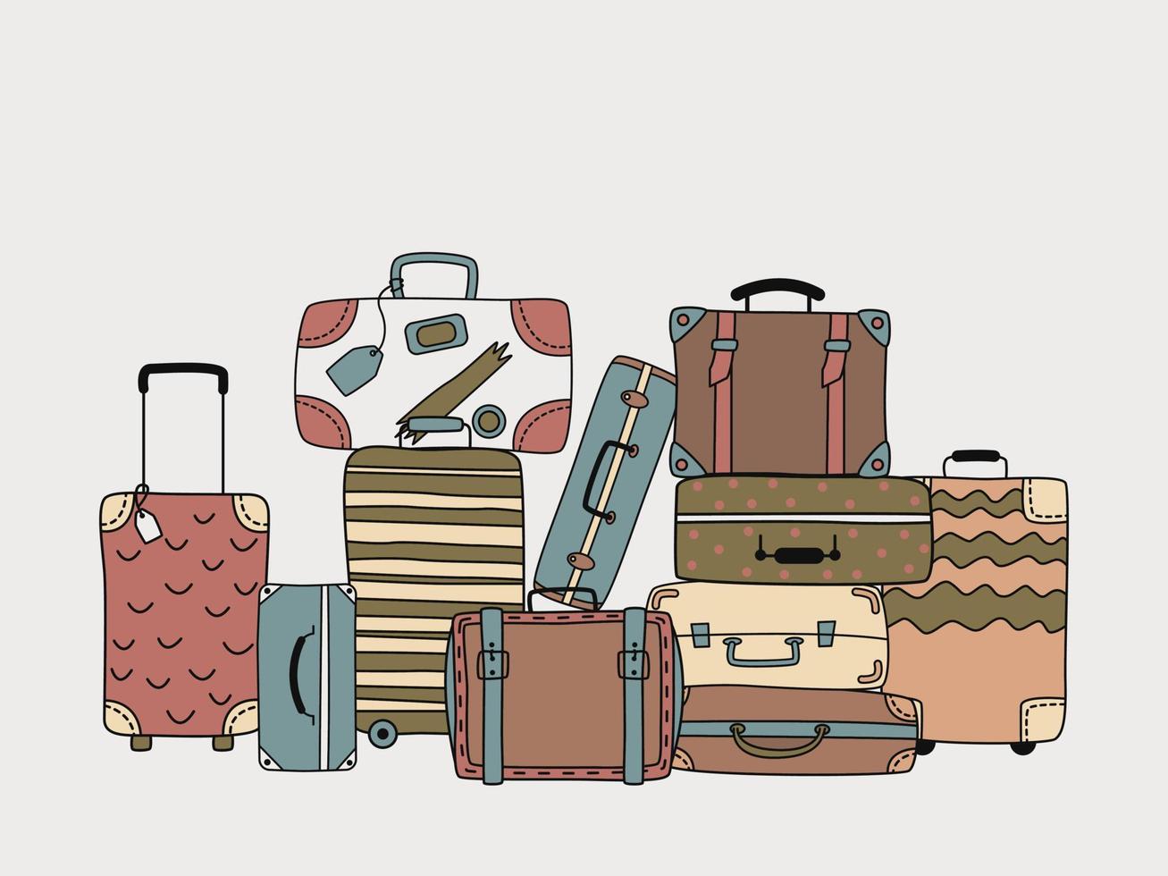 A stack of three different multi-colored detailed suitcases for things with  stickers. A blue new case, an orange leather vintage valise, and a cute  purple handbag. Elements for travel and vacation 22783324