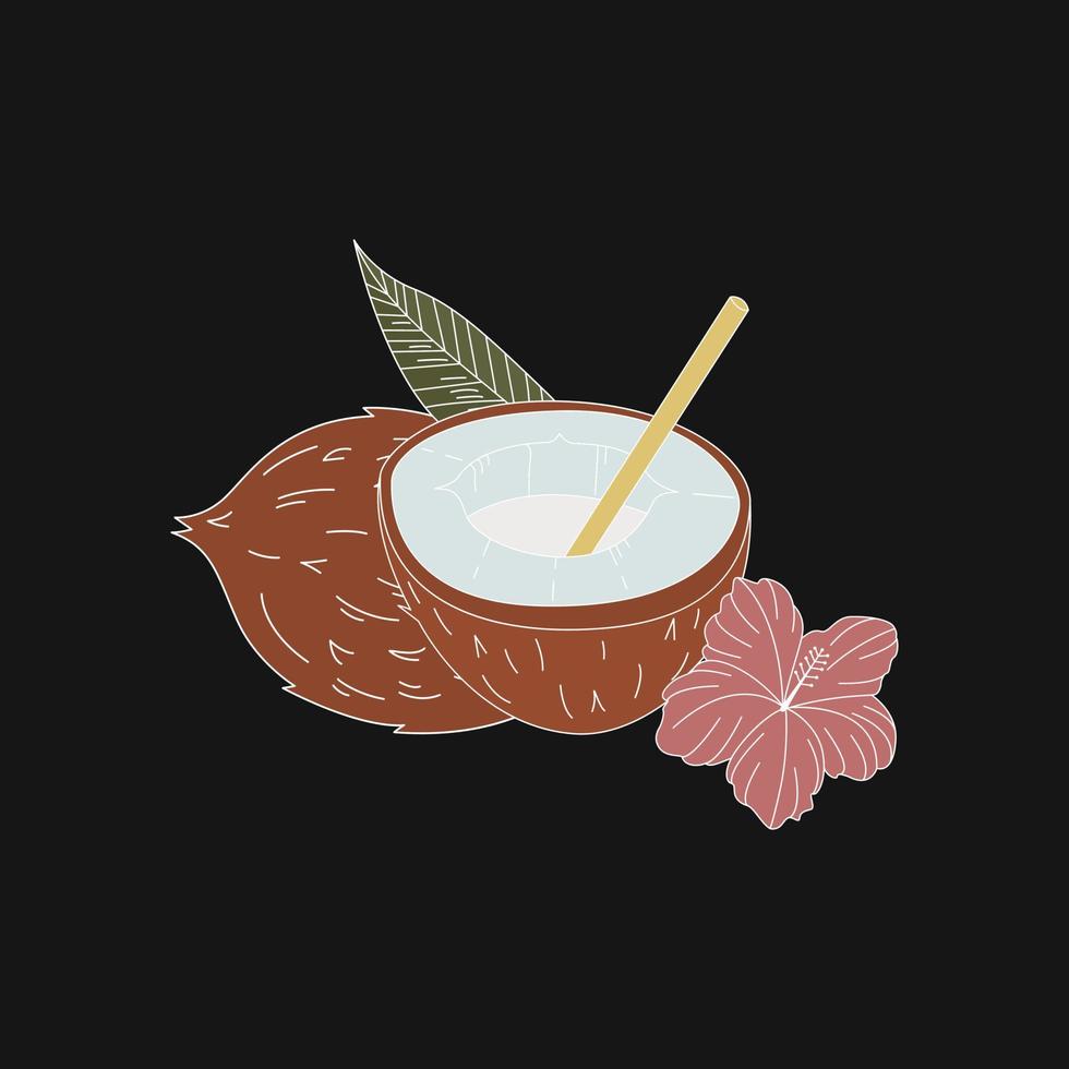 Half A Coconut And A Whole Coconut In Vintage Style. Hand Drawn Flat Vector Illustration.