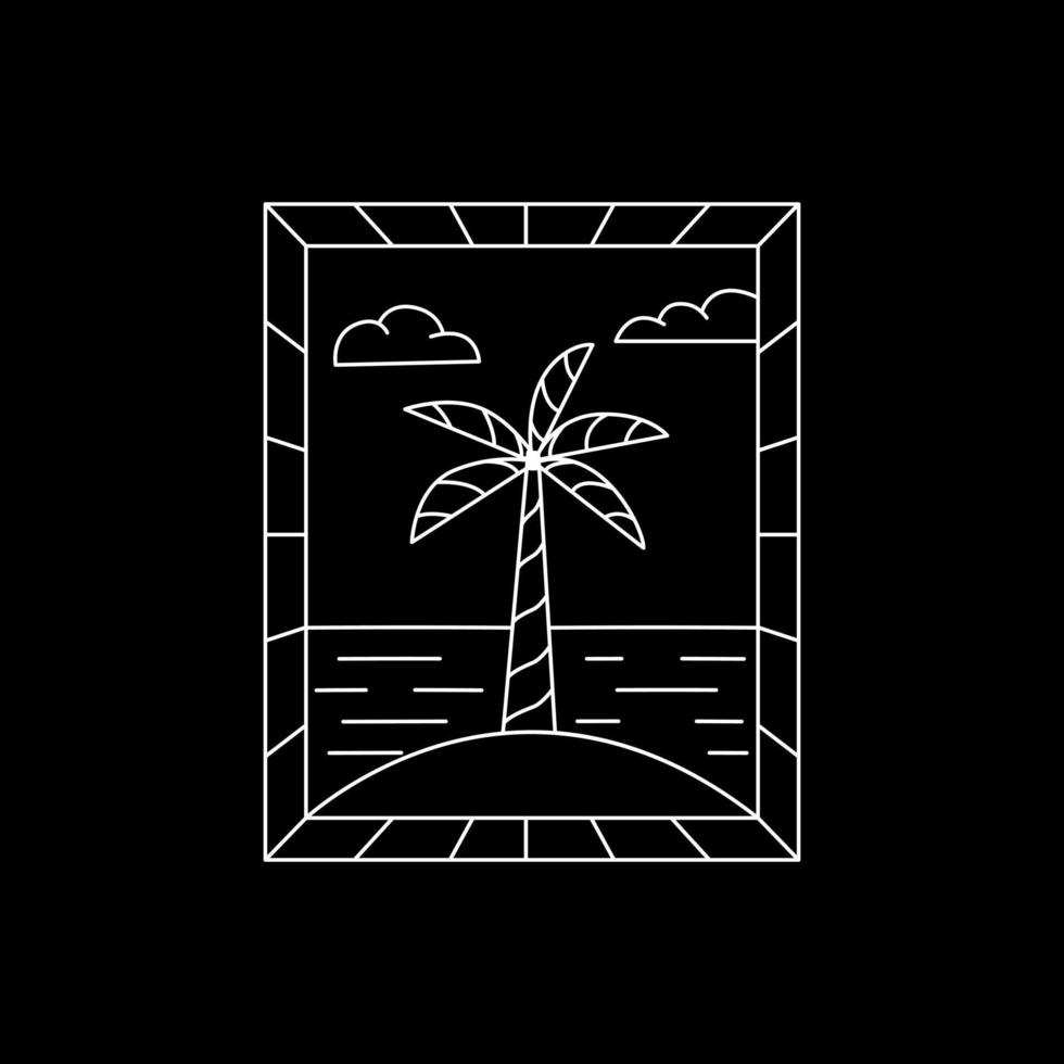 Badge With Sea And Palm Tree. Hand Drawn Outline Vector Illustration.