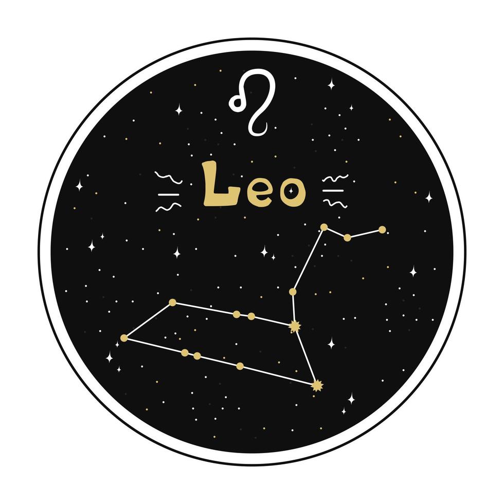 León. signo del zodiaco y constelación en un círculo. conjunto de signos del zodiaco en estilo garabato, dibujados a mano. vector