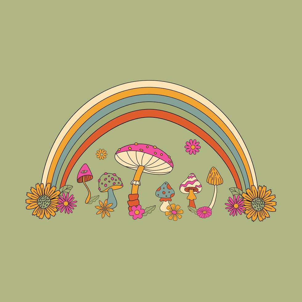 Mushrooms, Rainbows And Flowers. Hippie Design Concept. Vintage Style. Hand Drawn Flat Vector Illustration.