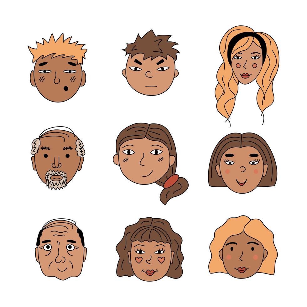 Set Of People's Faces In The Doodle Style. Hand Drawn Flat Vector Illustration.