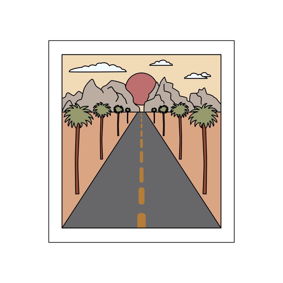 The Road To The Mountains, Palm Trees And The Sun. Bagde. Hand Drawn Flat Vector Illustration.