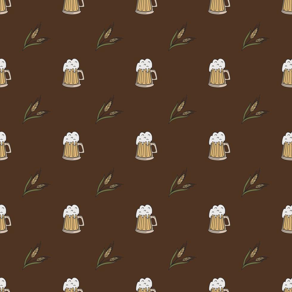 Seamless Pattern With Beer Mugs And Spikelets. Color Hand-Drawn Flat Vector Illustration.