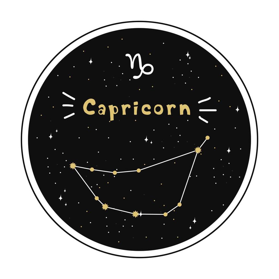 Capricornio. signo del zodiaco y constelación en un círculo. conjunto de signos del zodiaco en estilo garabato, dibujados a mano. vector