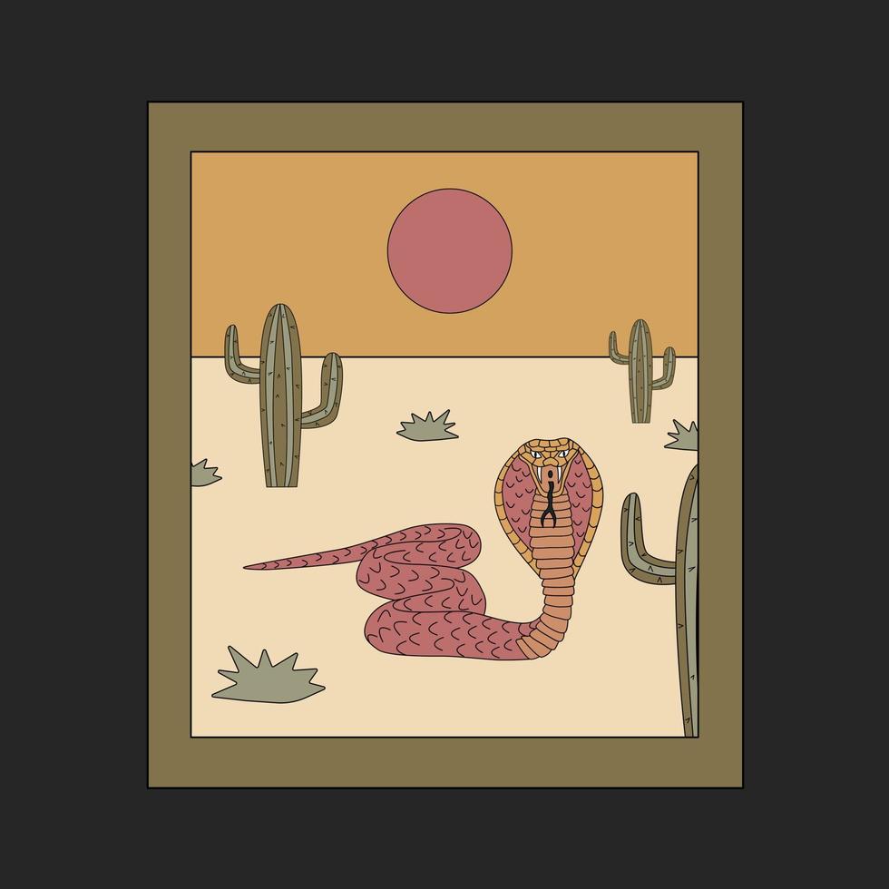 Snake And Cactus. The Concept Of The Desert. Hand Drawn Flat Vector Illustration.