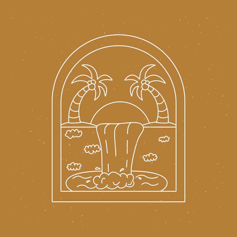 Badge With Waterfall And Palm Trees. Hand Drawn Outline Vector Illustration.