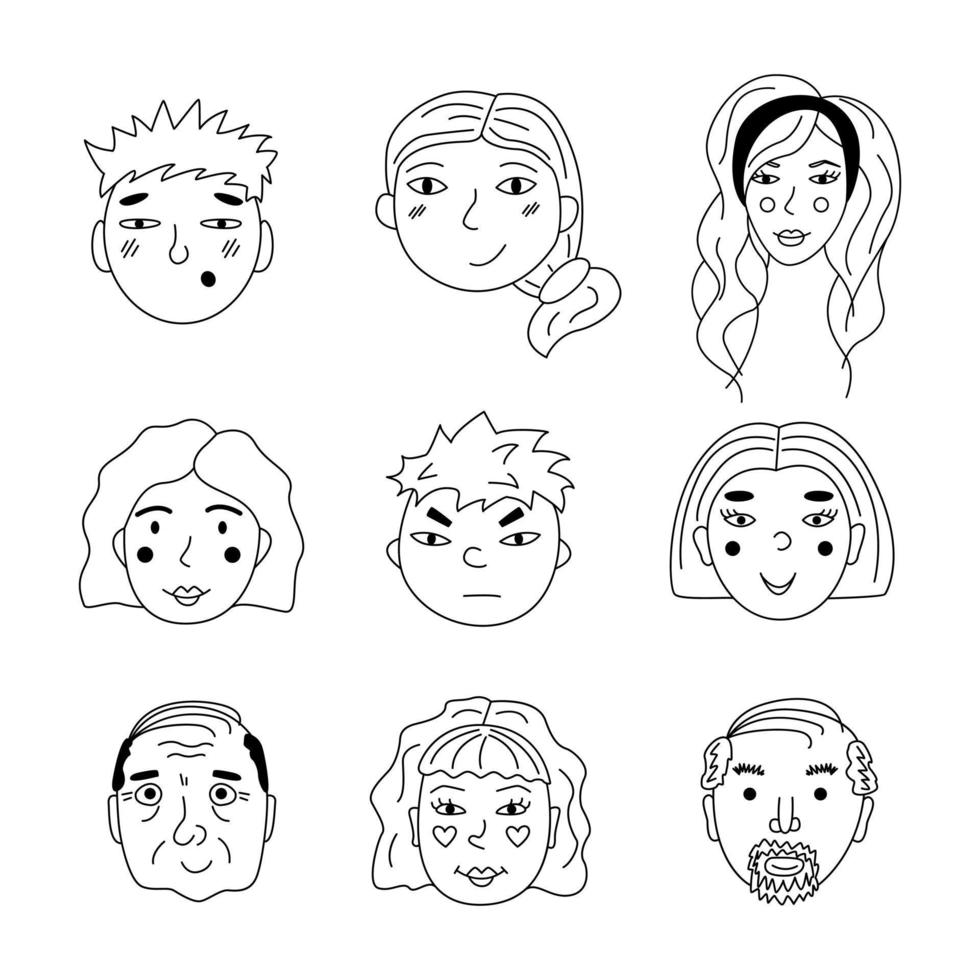 A Set Of People's Faces In The Style Of Doodle. Hand Drawn Outline Vector Illustration.