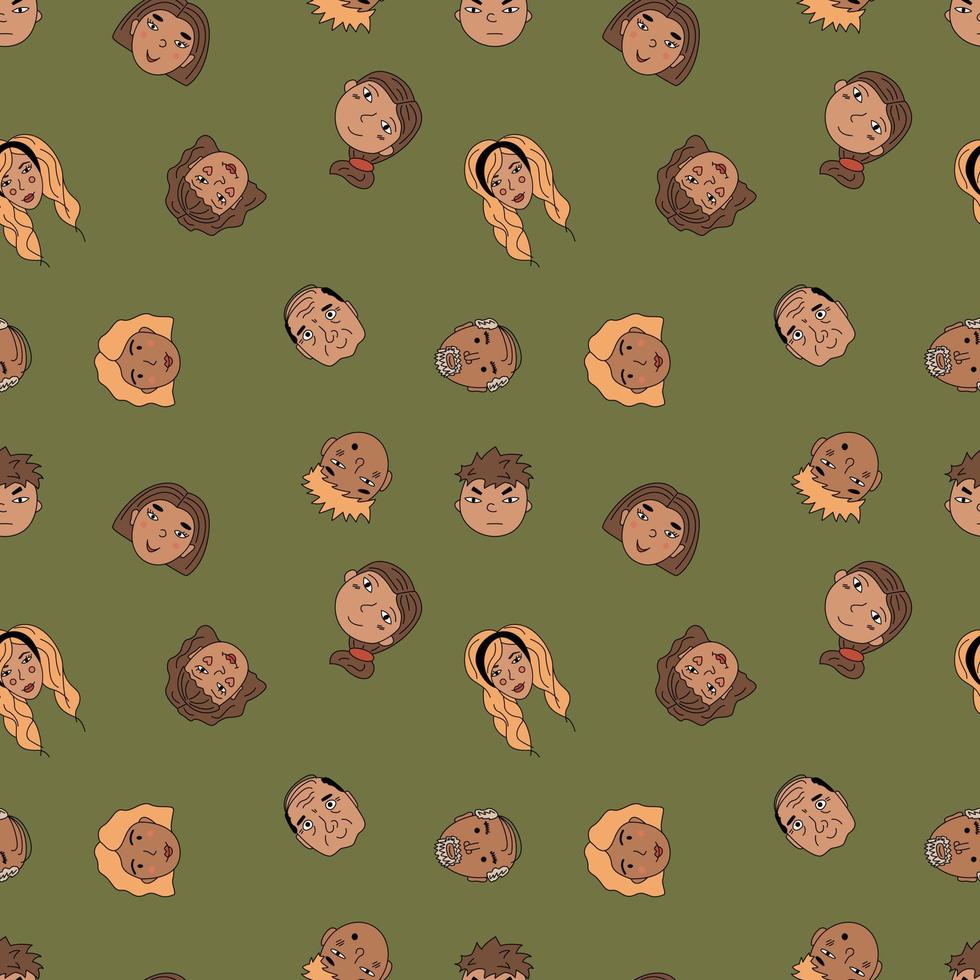 Seamless Pattern With People's Faces In The Doodle style. Hand Drawn Flat Vector Illustration.