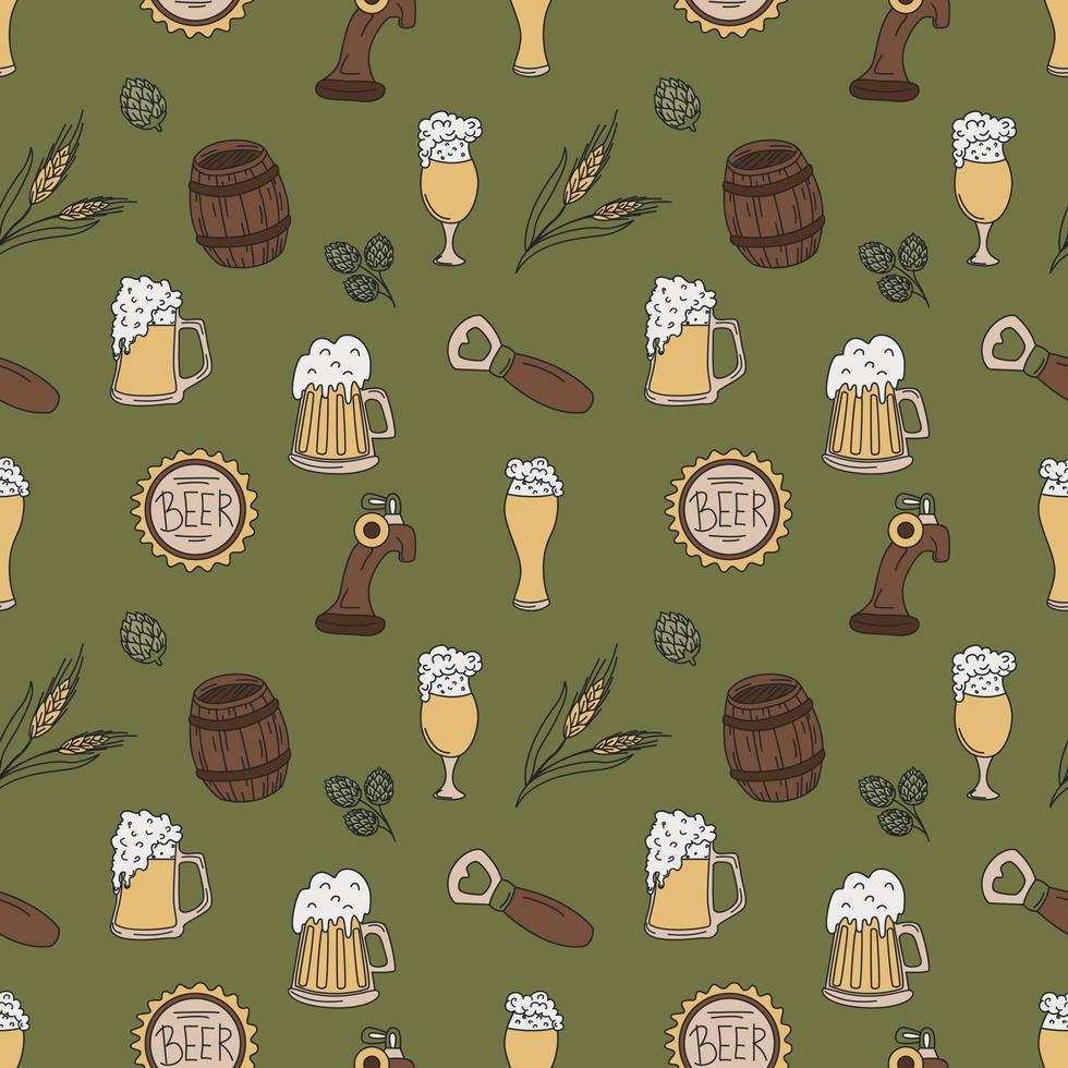 Seamless Pattern With Beer Mugs And spikelets. Color Hand Drawn Flat Vector Illustration.