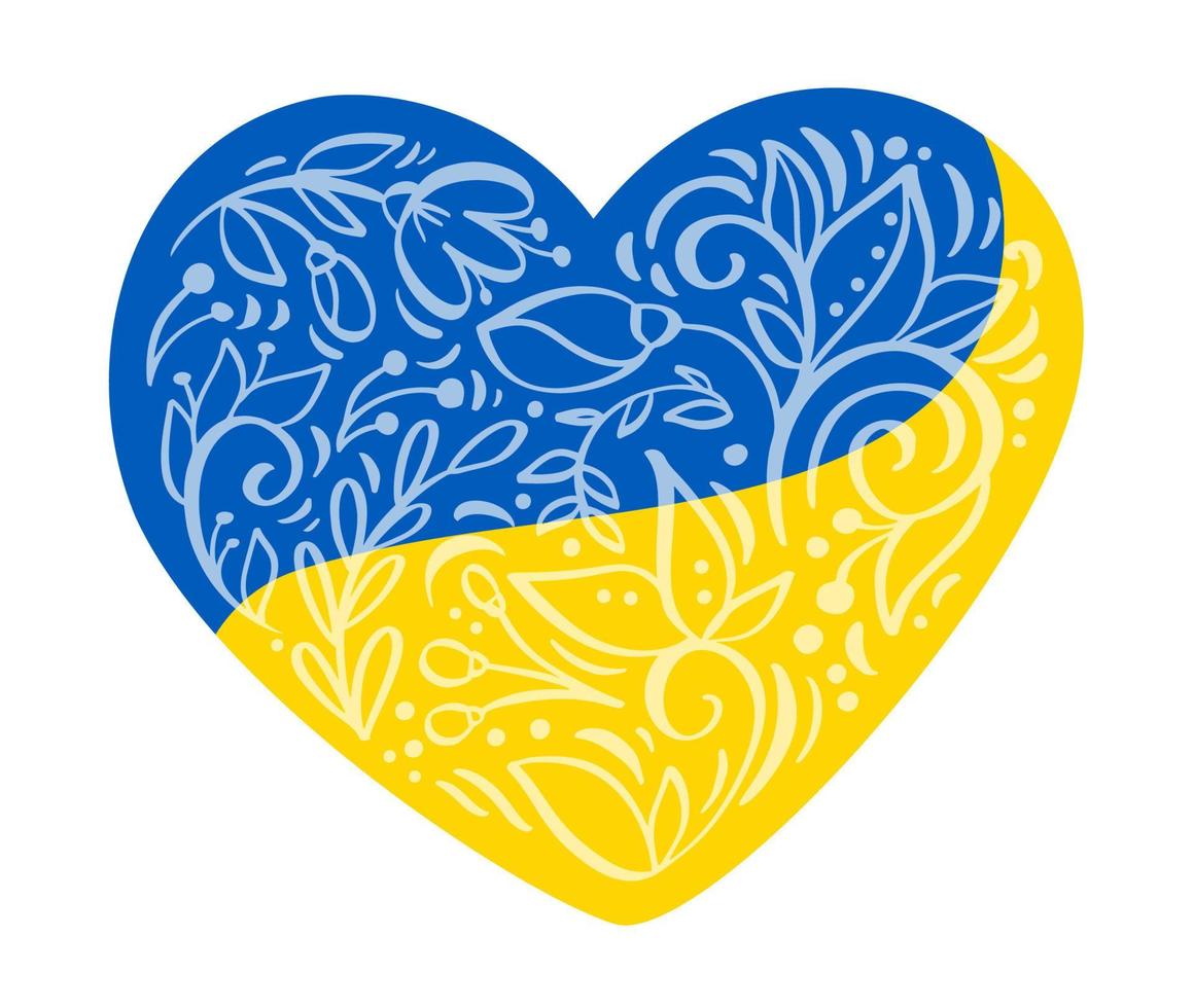 logotipo de corazón floral vectorial. lindas flores dispuestas en forma de corazón en colores de la bandera de ucrania. sin guerra, sin conflicto vector