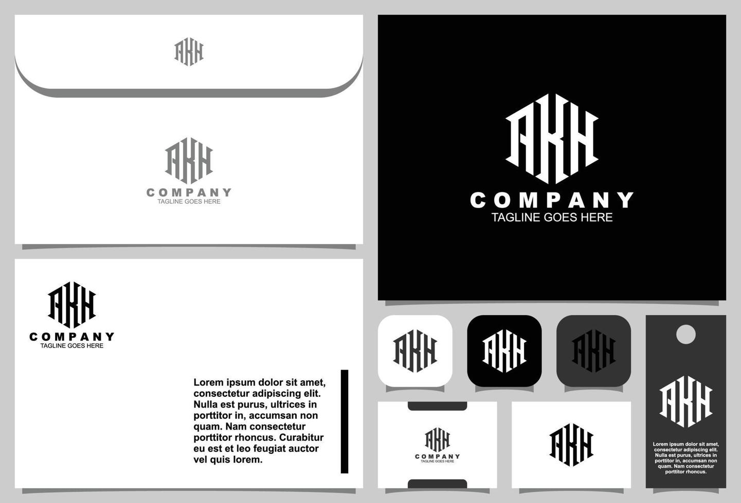 Letter A K H monogram logo design with business card and envelope template vector