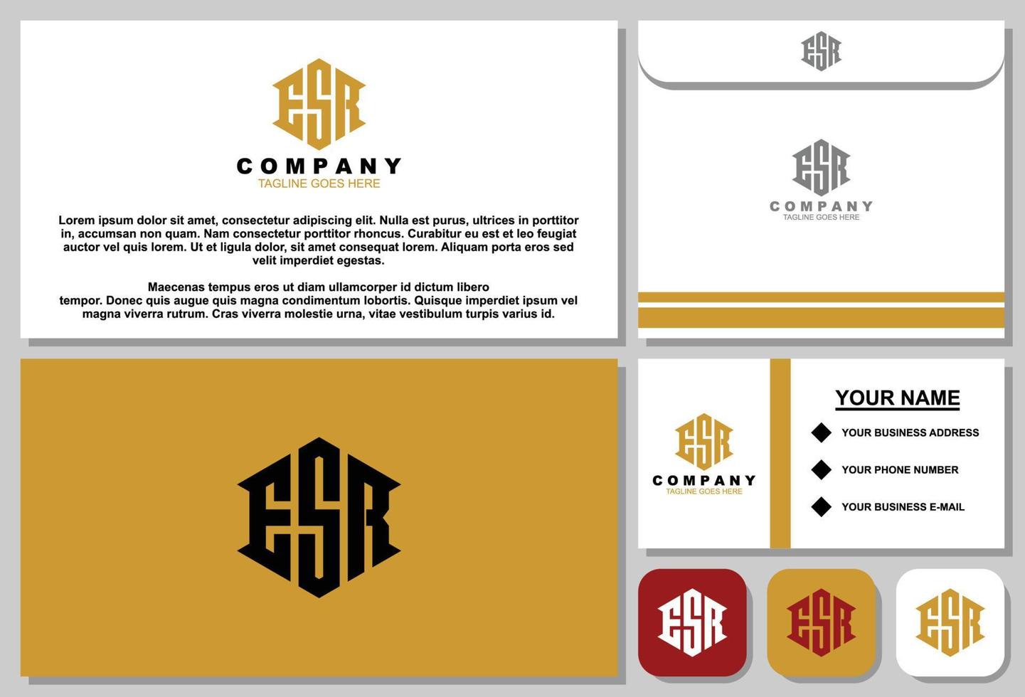 Letter E S R monogram logo design with stationery template vector