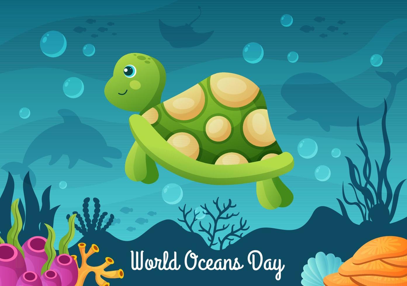 ilustración de dibujos animados del día mundial del océano con paisajes submarinos, varios peces, corales y plantas marinas dedicadas a ayudar a proteger o preservar vector