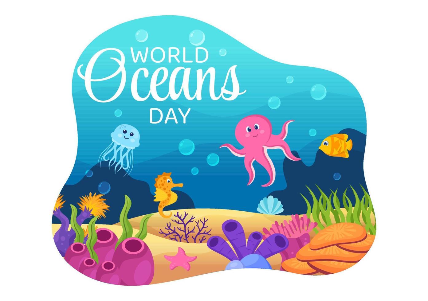 ilustración de dibujos animados del día mundial del océano con paisajes submarinos, varios peces, corales y plantas marinas dedicadas a ayudar a proteger o preservar vector