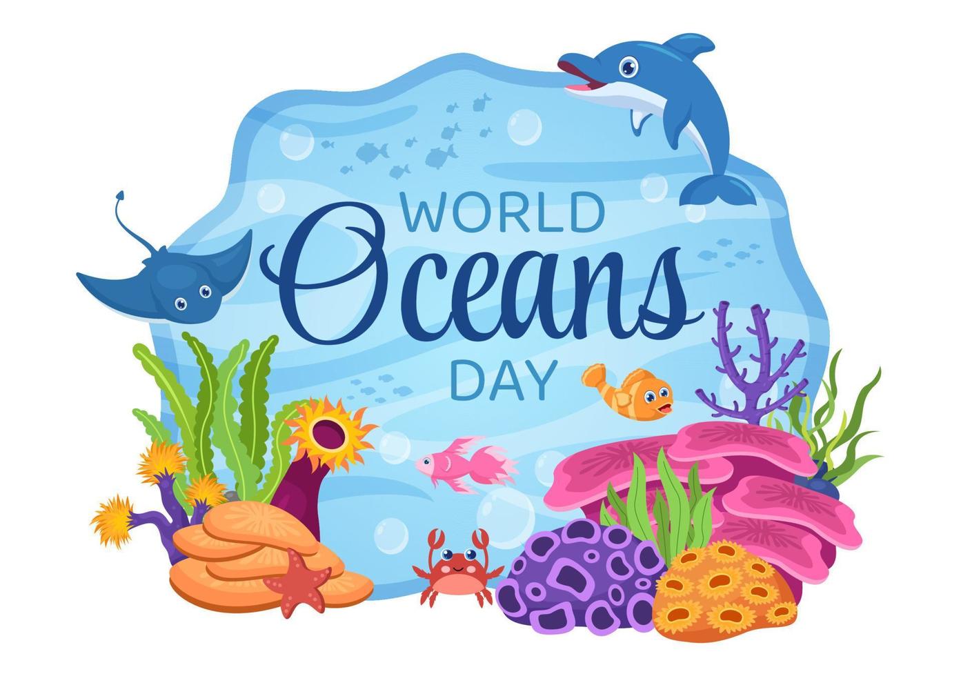 ilustración de dibujos animados del día mundial del océano con paisajes submarinos, varios peces, corales y plantas marinas dedicadas a ayudar a proteger o preservar vector