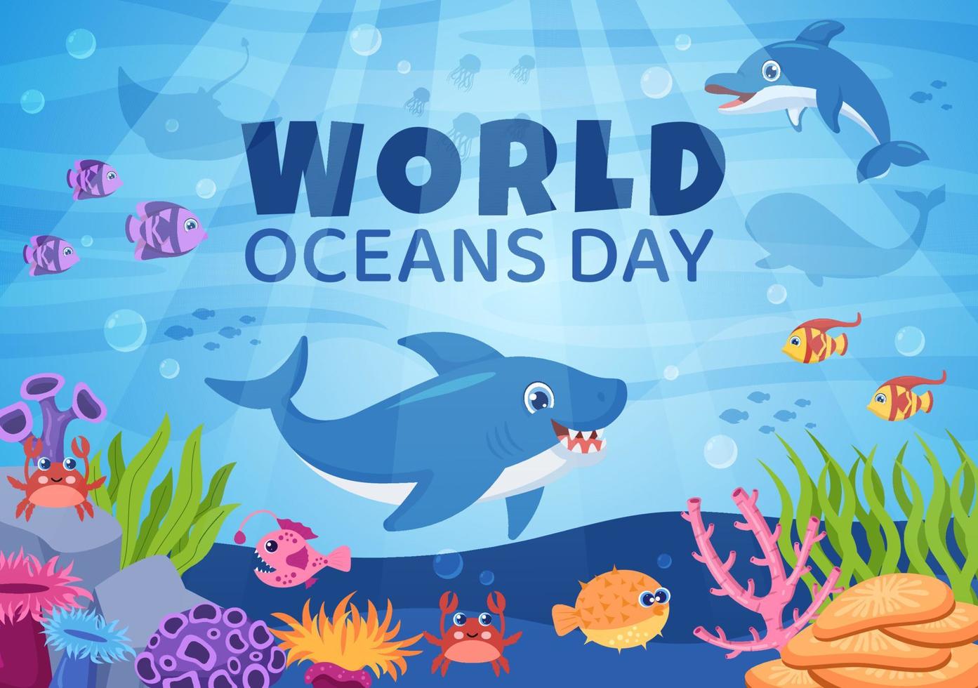 World Ocean Day Cartoon Illustration with Underwater Scenery, Various Fish Animals, Corals and Marine Plants Dedicated to Helping Protect or Preserve vector