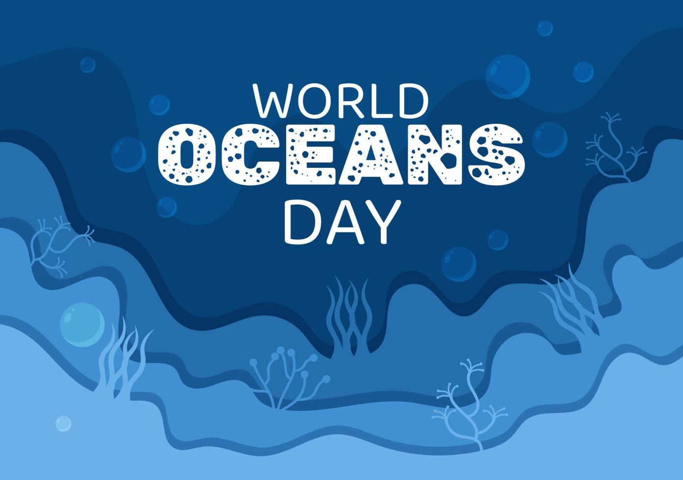ilustración de dibujos animados del día mundial del océano con paisajes submarinos, varios peces, corales y plantas marinas dedicadas a ayudar a proteger o preservar vector