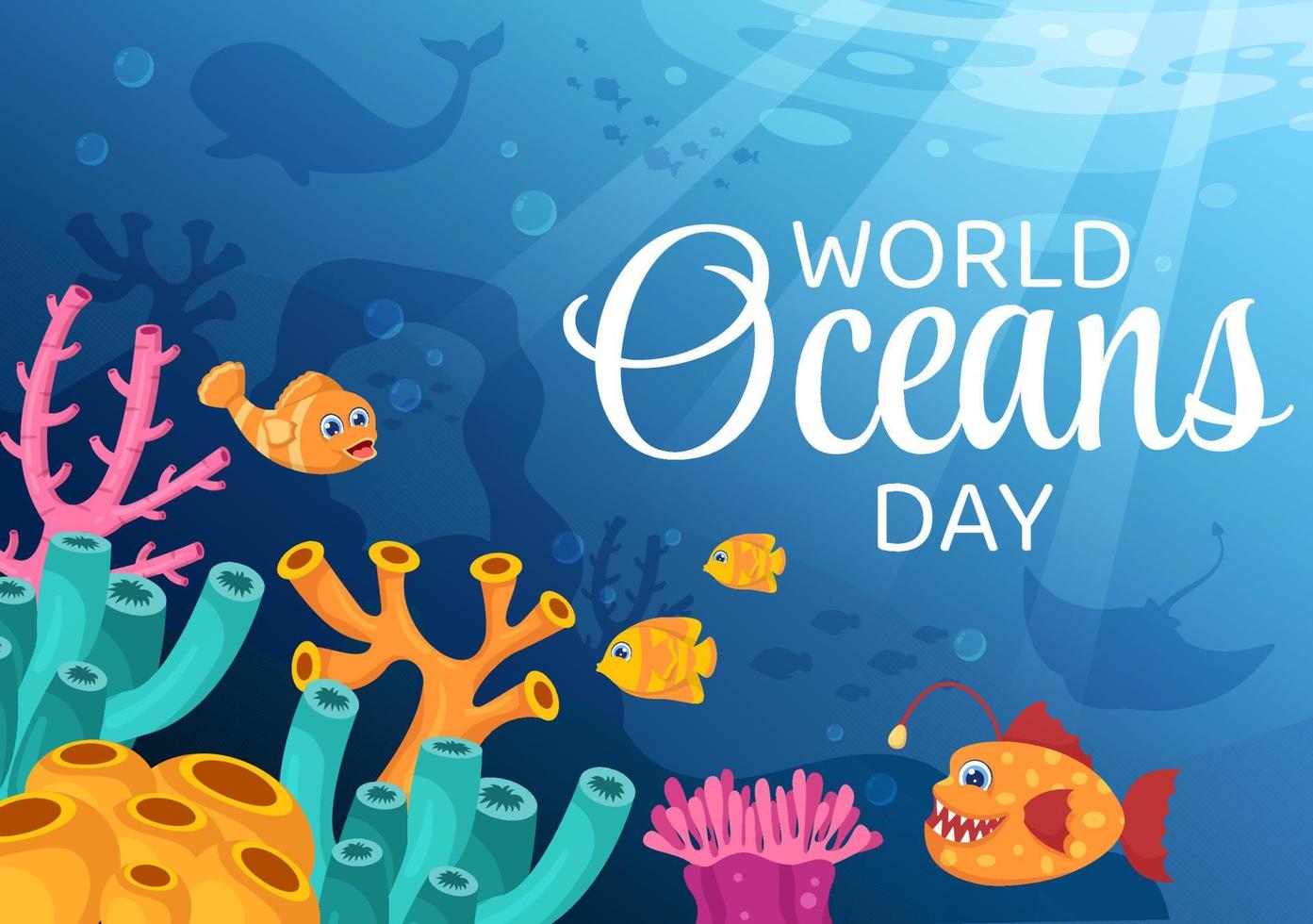 ilustración de dibujos animados del día mundial del océano con paisajes submarinos, varios peces, corales y plantas marinas dedicadas a ayudar a proteger o preservar vector