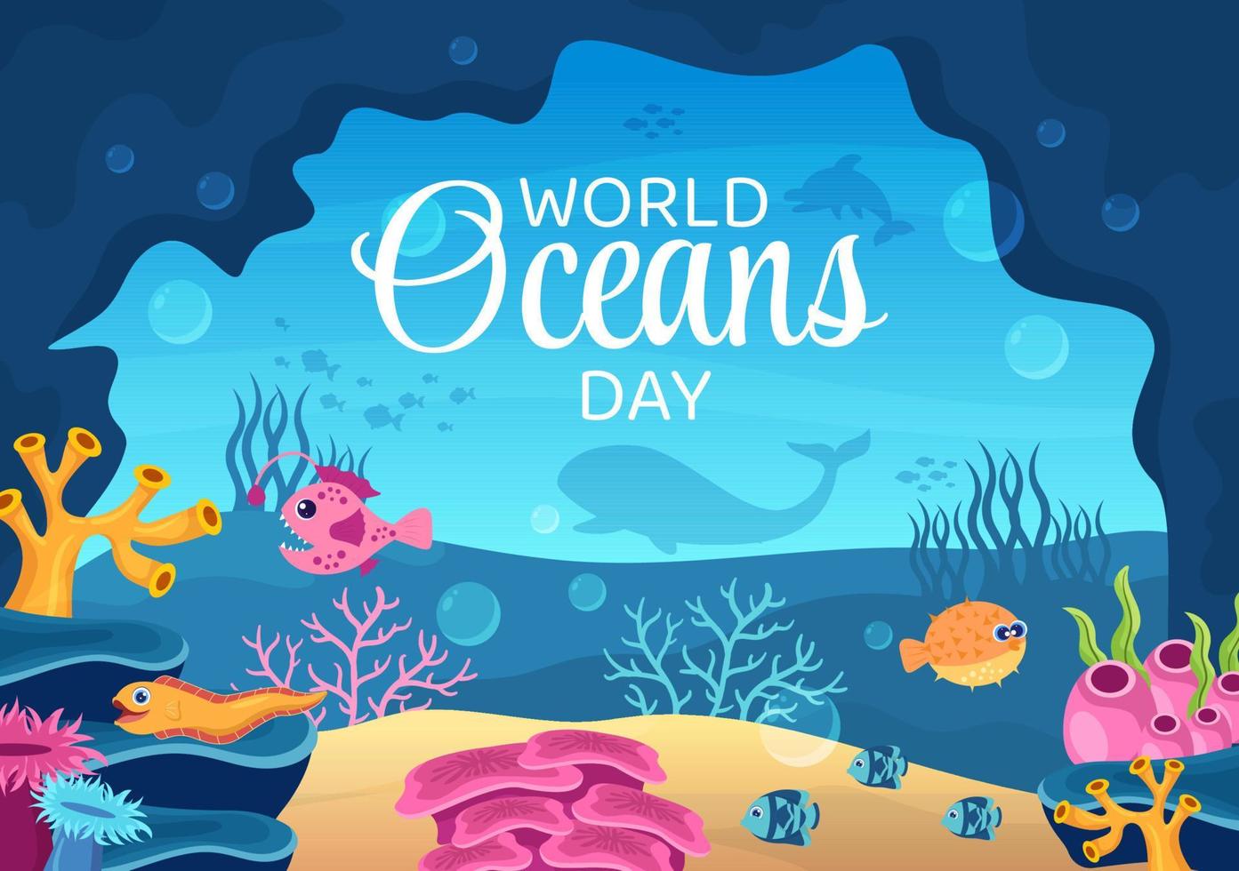 ilustración de dibujos animados del día mundial del océano con paisajes submarinos, varios peces, corales y plantas marinas dedicadas a ayudar a proteger o preservar vector