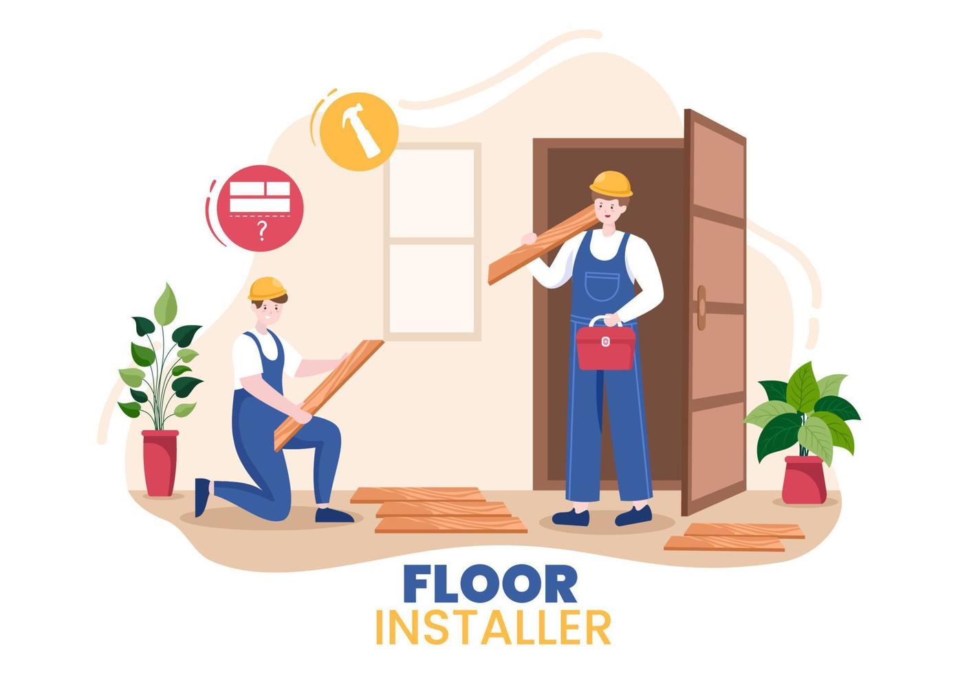 ilustración de dibujos animados de instalación de pisos con reparador, colocación de pisos profesionales de parquet, madera o baldosas en el diseño de renovación de pisos de casas vector