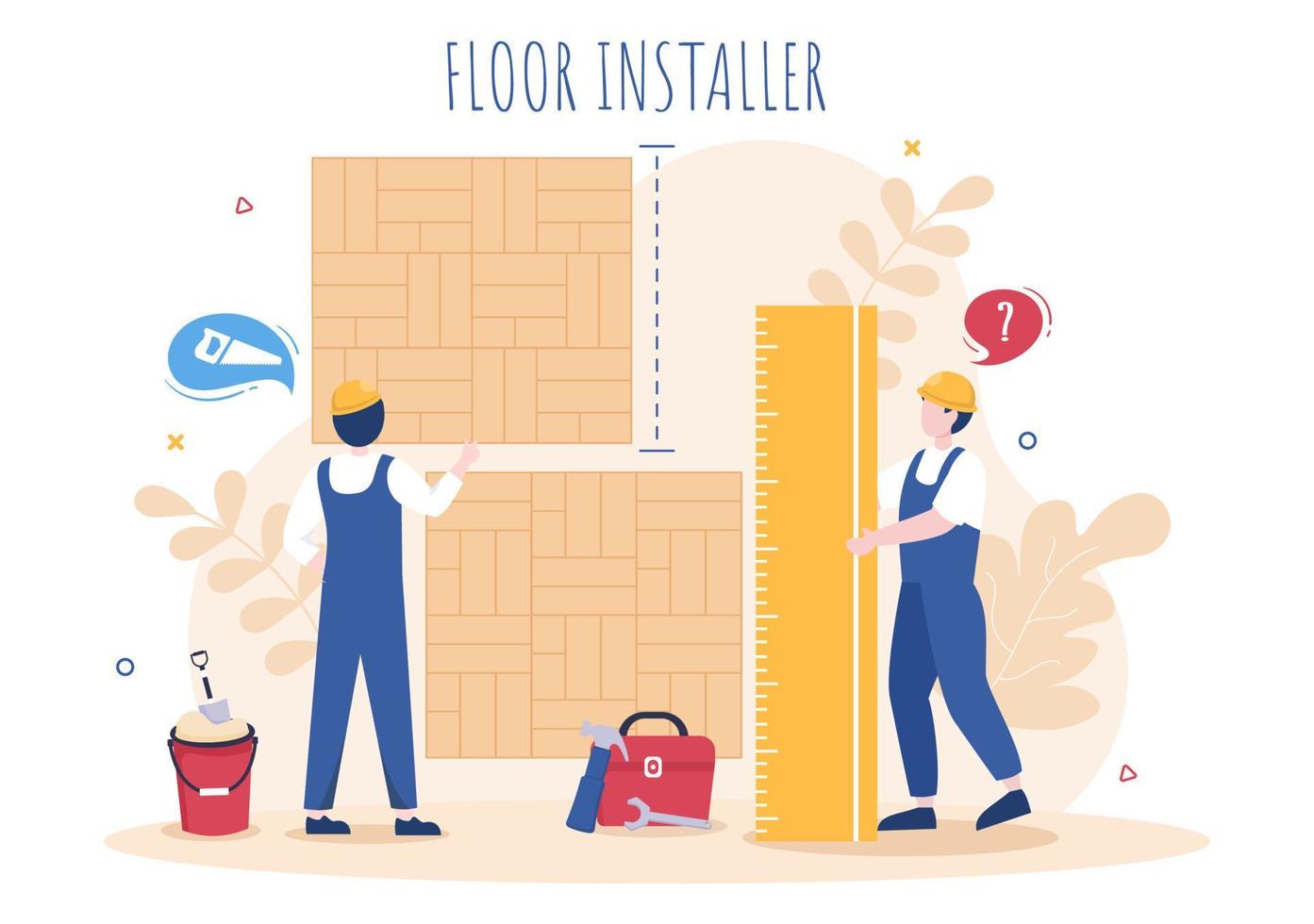 ilustración de dibujos animados de instalación de pisos con reparador, colocación de pisos profesionales de parquet, madera o baldosas en el diseño de renovación de pisos de casas vector