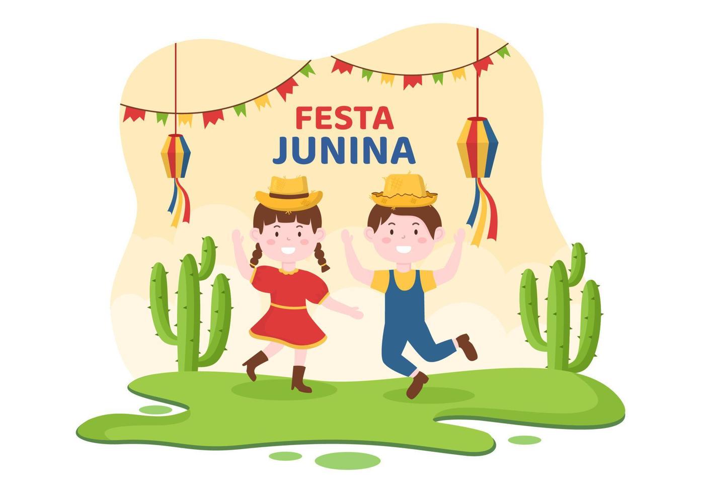 ilustración de dibujos animados de celebración de festa junina o sao joao  que se hizo muy animada cantando, bailando samba y jugando juegos  tradicionales provenientes de brasil 7317395 Vector en Vecteezy