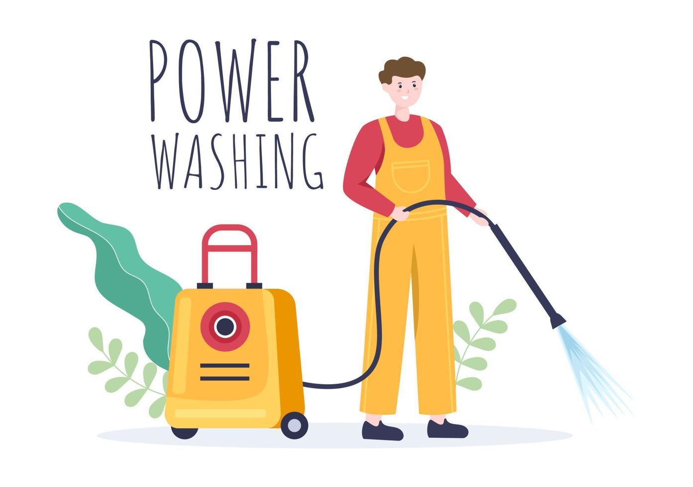Power Washing Machine Cleaner with Various Cleaning Tools and Outside Cleanup Service in Flat Cartoon Background Illustration vector
