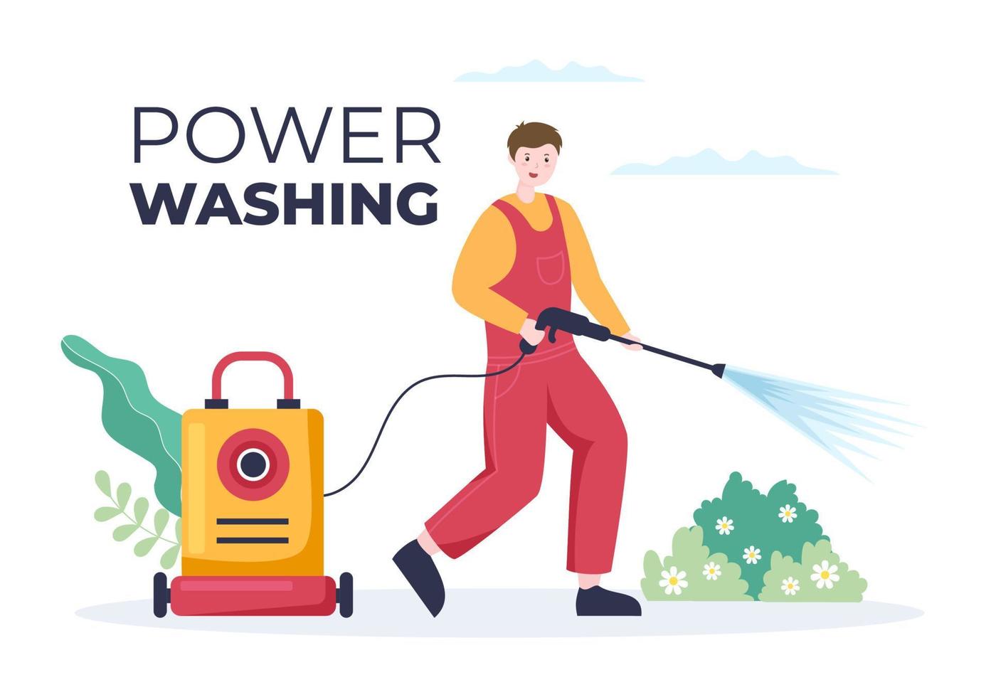 Power Washing Machine Cleaner with Various Cleaning Tools and Outside Cleanup Service in Flat Cartoon Background Illustration vector