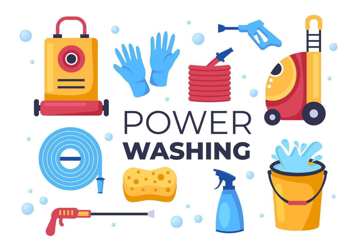 Power Washing Machine Cleaner with Various Cleaning Tools and Outside Cleanup Service in Flat Cartoon Background Illustration vector