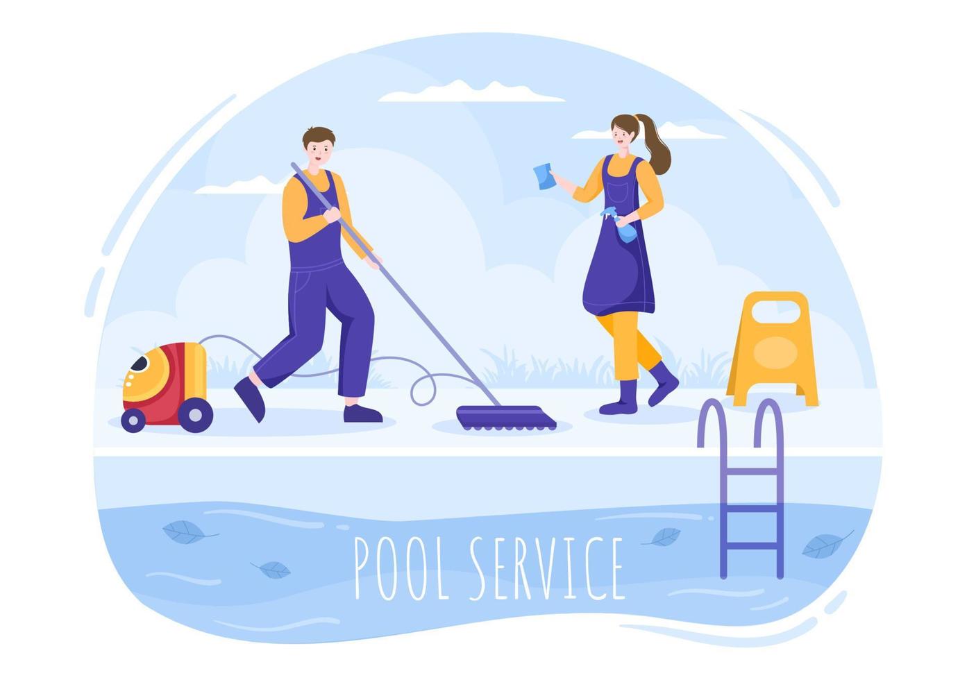 trabajador de servicio de piscina con escoba, aspiradora o red para mantenimiento y limpieza de suciedad en ilustración de caricatura plana vector