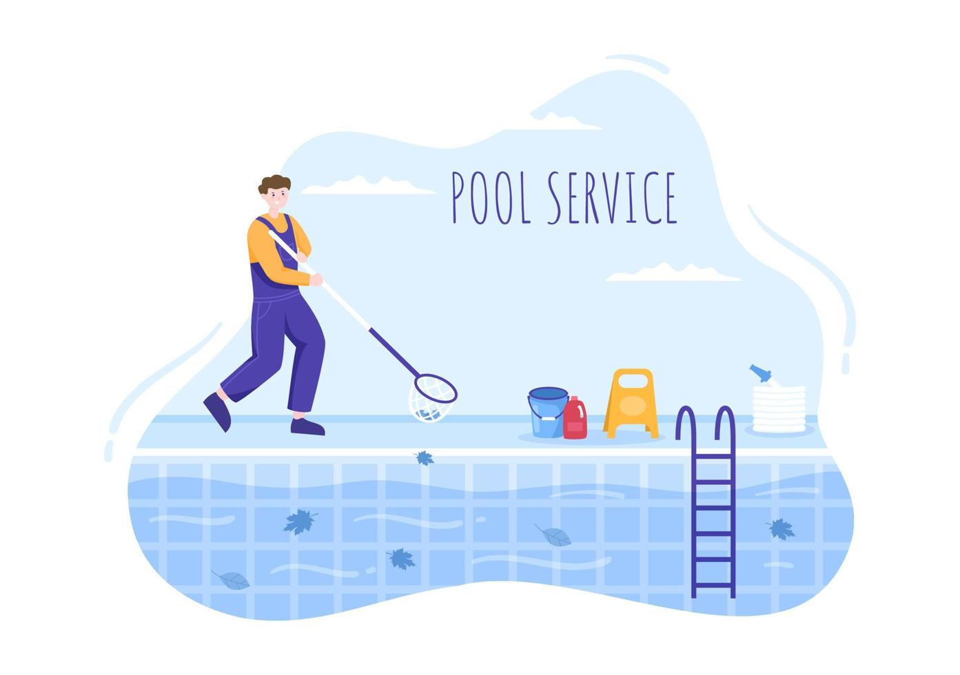 trabajador de servicio de piscina con escoba, aspiradora o red para mantenimiento y limpieza de suciedad en ilustración de caricatura plana vector