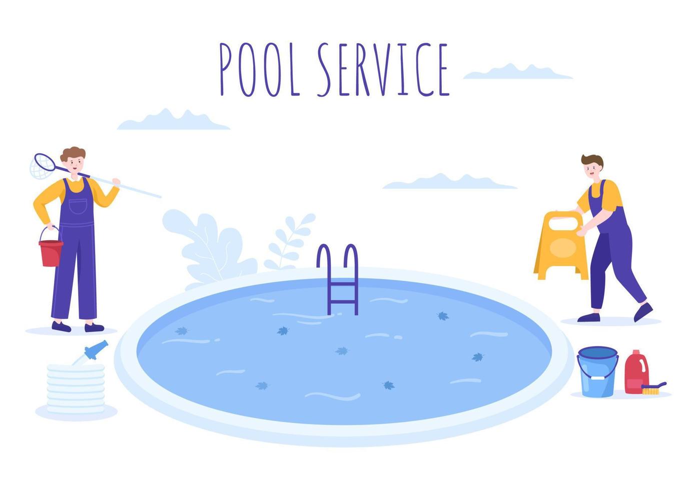 trabajador de servicio de piscina con escoba, aspiradora o red para mantenimiento y limpieza de suciedad en ilustración de caricatura plana vector