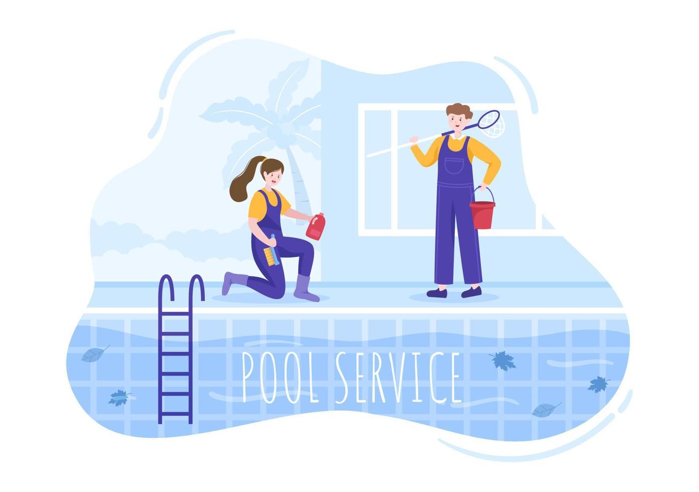 trabajador de servicio de piscina con escoba, aspiradora o red para mantenimiento y limpieza de suciedad en ilustración de caricatura plana vector