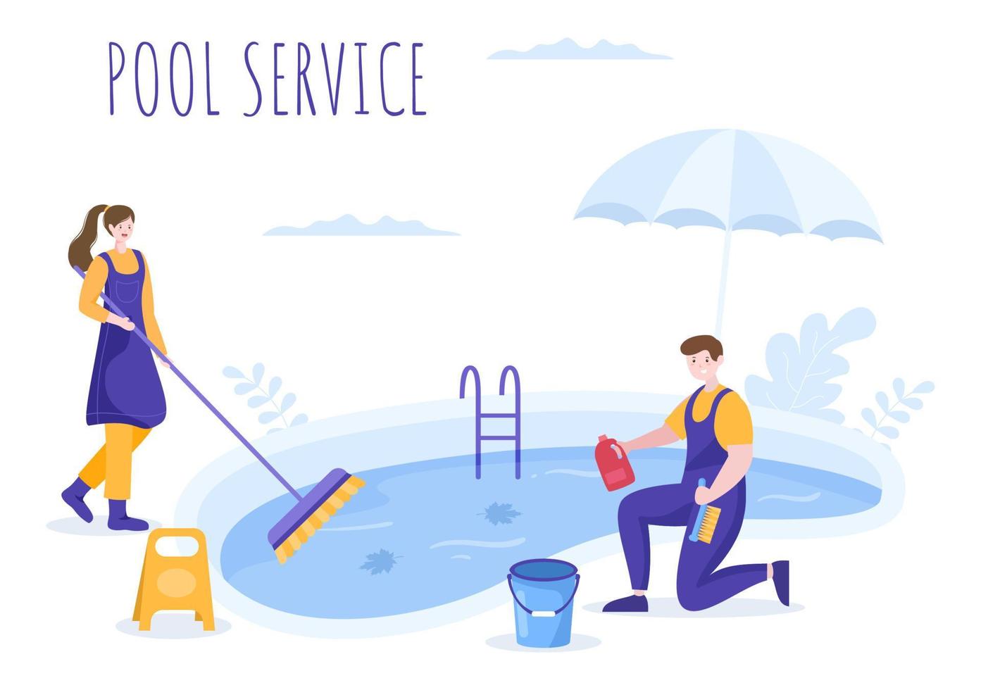 Swimming Pool Service Worker with Broom, Vacuum Cleaner or Net for Maintenance and Cleaning of Dirt in Flat Cartoon Illustration vector