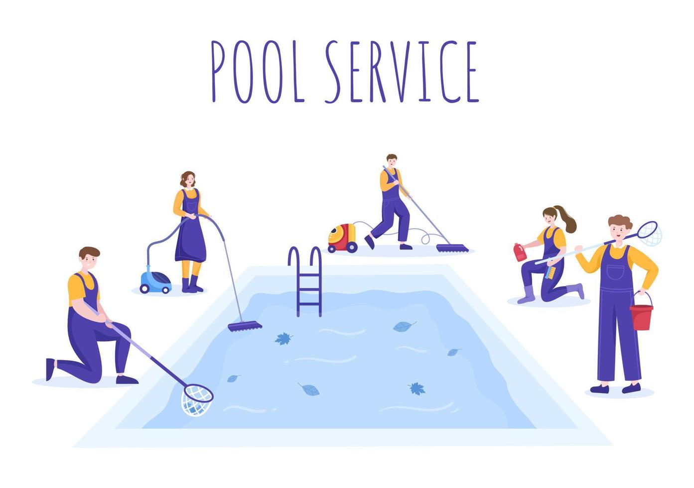 trabajador de servicio de piscina con escoba, aspiradora o red para mantenimiento y limpieza de suciedad en ilustración de caricatura plana vector