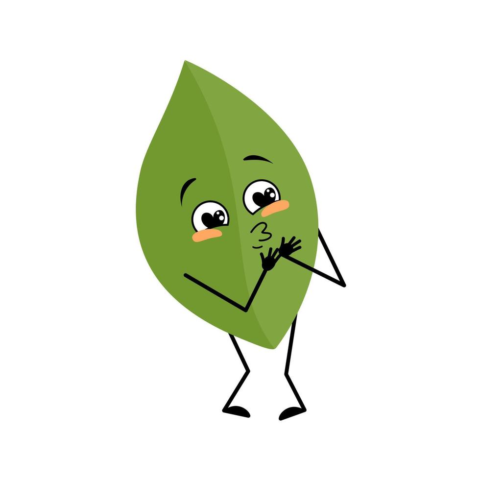 personaje de hoja con emociones de amor, cara de sonrisa, brazos y piernas. persona con expresión feliz, emoticono de planta verde. ilustración plana vectorial vector