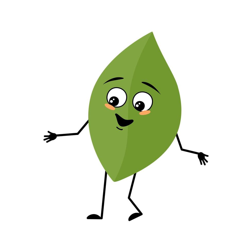 Leaf character with happy emotion, joyful face, smile eyes, arms and legs. Person with funny expression, green plant emoticon. Vector flat illustration