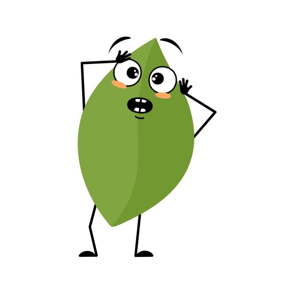 Leaf character with panic emotions, surprised face, shocked eyes, arms and legs. Person with scared expression, green plant emoticon. Vector flat illustration