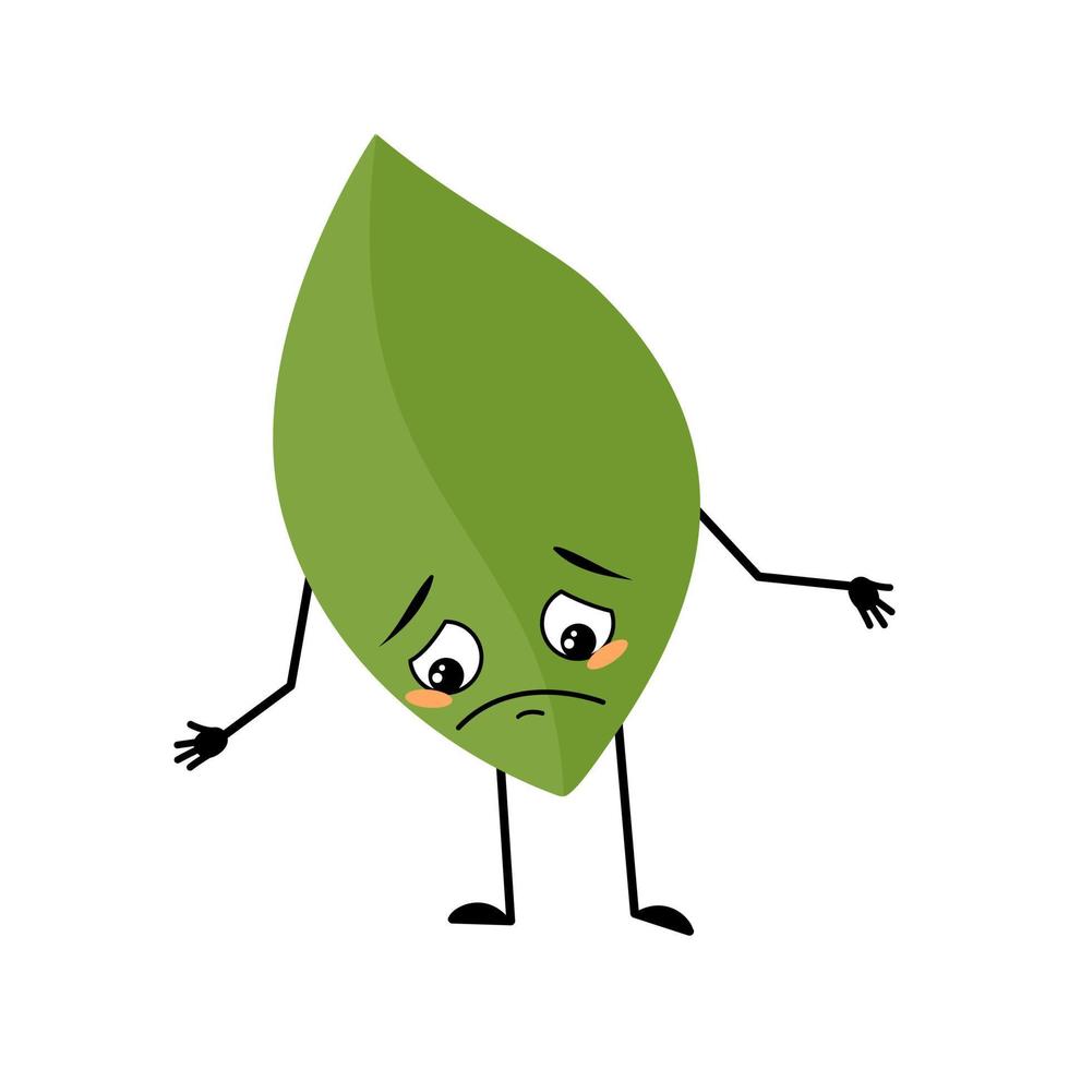 Leaf character with sad emotions, depressed face, down eyes, arms and legs. Person with melancholy expression, green plant emoticon. Vector flat illustration