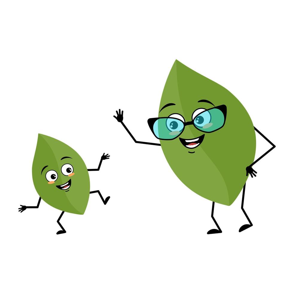 Leaf with glasses and grandson dancing character with happy emotion, face, smile eyes, arms and legs. Person with funny expression and pose, green plant emoticon. Vector flat illustration