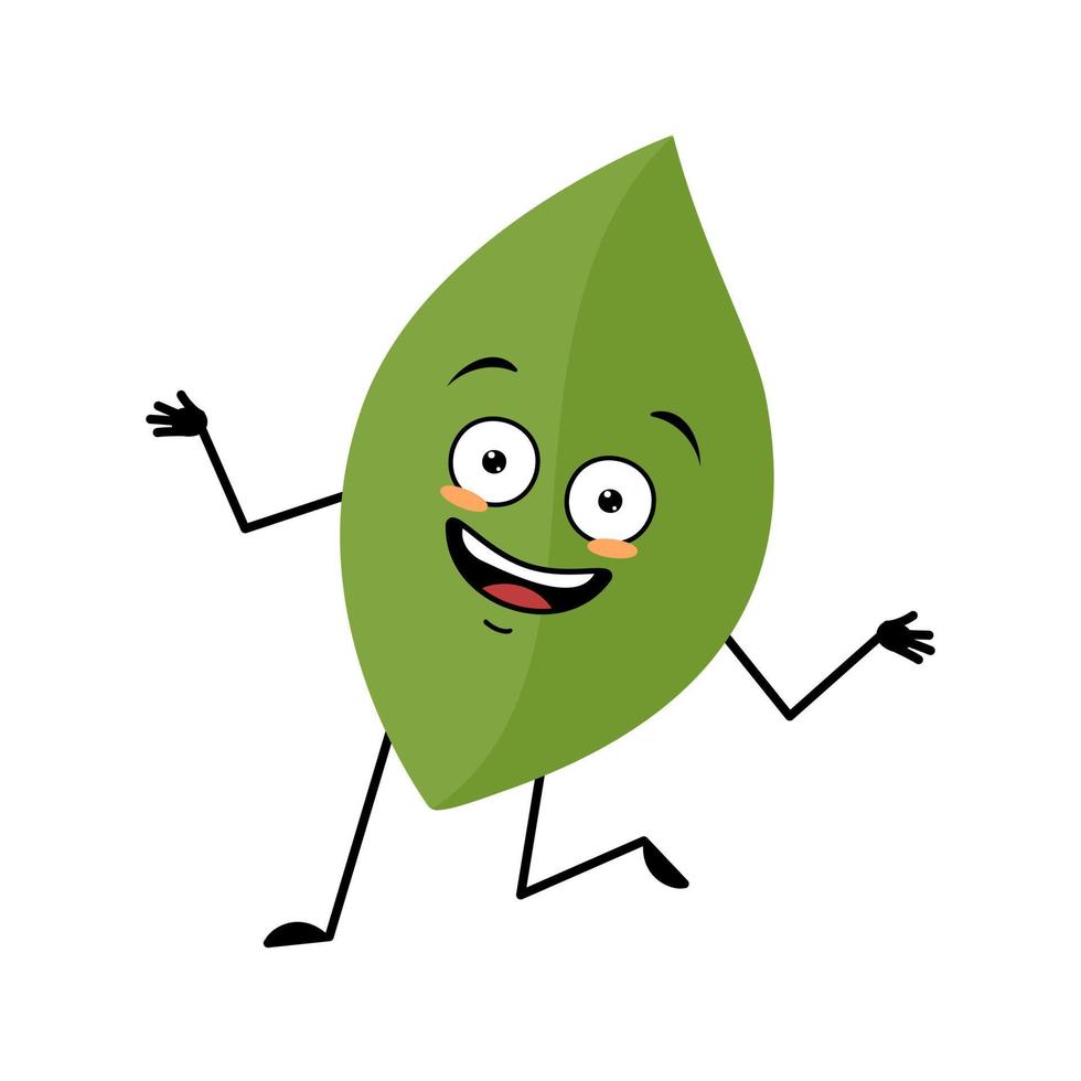 Leaf character with crazy happy emotion, joyful face, smile eyes, dancing arms and legs. Person with funny expression, green plant emoticon. Vector flat illustration