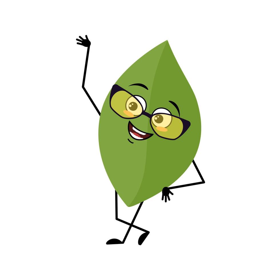 personaje de hoja con gafas y emoción feliz, cara, ojos sonrientes, brazos y piernas. persona con expresión divertida y pose, emoticono de planta verde. ilustración plana vectorial vector